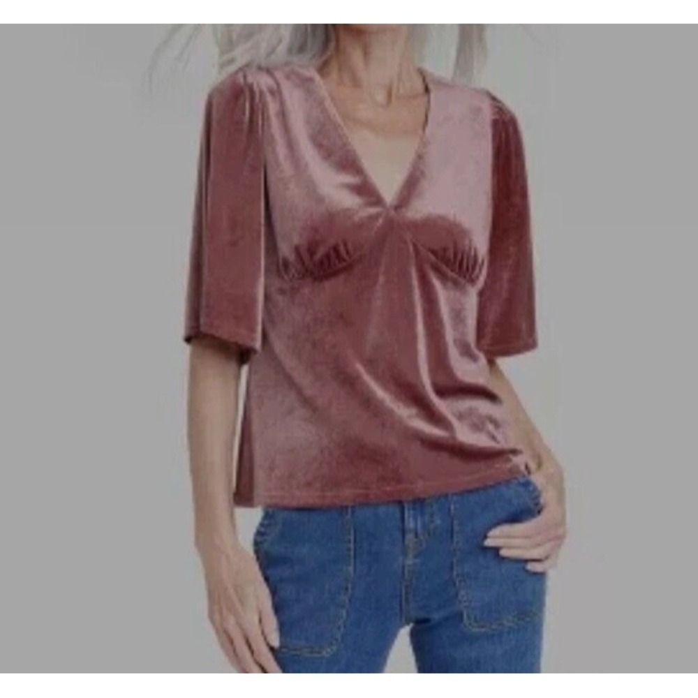 Knox Rose Babydoll Top Blouse Blush Velvet Elbow Sleeve 2X NWT V Neck Flowy